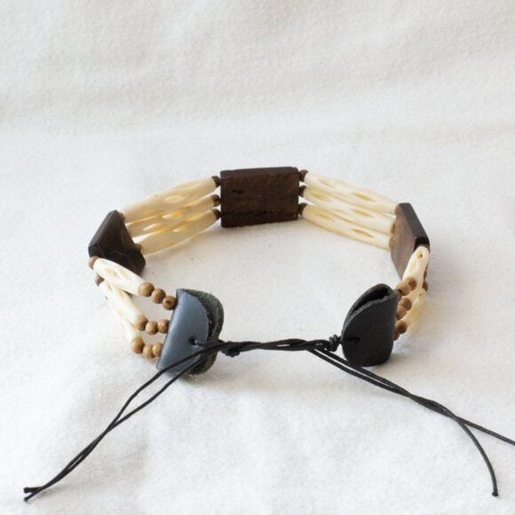 Vgt Native American Hairpipe Tribal Buffalo Bone Choker Necklace Wood & Bead 11" - Picture 2 of 9